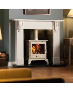 A warm white wood burning stove and multi fuel stove, limestone fireplace surround, slate fireplace chamber, granite hearth