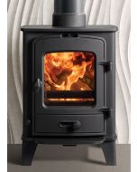 A black multi fuel stove, a compact stove to suit a traditional or modern interior with a classic arched window 