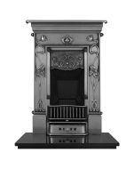 A small fully polished cast iron fireplace with decorative art nouveau motifs, along with a granite hearth and fire grate