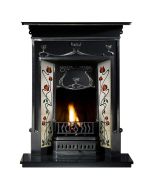 A solid black cast iron fireplace with Victorian motifs and period tiles, with a granite hearth and coal effect fire