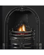 A black cast iron fireplace insert, an arched fireplace insert with a black decorative fireplace arch, electric fire insert