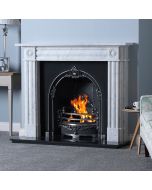 White marble fireplace surround with black cast iron arched insert, granite hearth and electric fire package deal