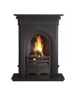 A black cast iron fireplace with decorative motifs of Victorian style, along with a granite hearth and log effect fire