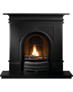 A black cast iron fireplace with decorative motifs of Victorian style, stylish fire grate, with a granite hearth and log fire