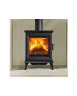 A black wood burning stove, a mid size stove for an elegant interior, bevelled door frame,matching cornicing, cast iron stove