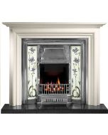 White limestone fireplace surround with black cast iron tiled insert, granite hearth and electric fire package deal