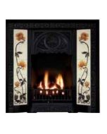 A black cast iron fireplace tiled insert with black Victorian style motifs, Victorian fireplace tiles, Victorian fire grate