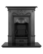 A black cast iron fireplace with simple art nouveau motifs, along with a granite hearth and fire grate