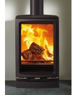 A black wood burning stove, a small and tall stove to suit a contemporary interior, a portrait flame view, ecodesign stove