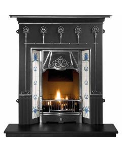 A black and polished cast iron fireplace with art nouveau style motifs, yellow flowered Victorian tiles and granite hearth.