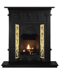A solid black cast iron fireplace with art nouveau style motifs, beautiful yellow flowered Victorian tiles and granite hearth.