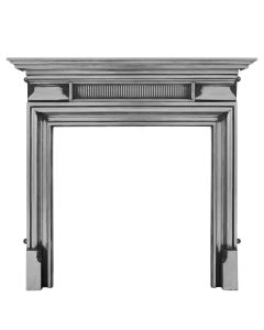A fully polished cast iron fireplace surround with a strong square frame and a grated rectangular panel
