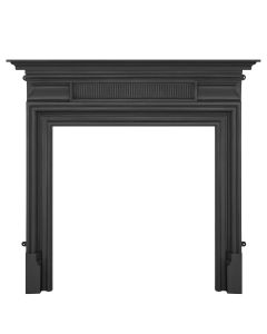 A black cast iron fireplace surround with a strong square frame and a grated rectangular panel