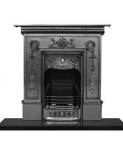 A fully polished cast iron fireplace with decorative art nouveau motifs, along with a granite hearth and fire grate