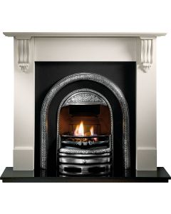 A black cast iron fireplace insert, an arched fireplace insert with a polished fireplace arch, an electric fire insert