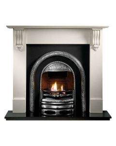 White limestone fireplace surround with black cast iron arched insert, granite hearth and gas fire coal effect package deal