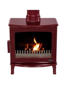 An red multi fuel stove, a red enamel finish stove, eco design stove and high efficiency stove