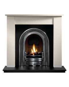 White limestone fireplace surround with black cast iron arched insert, granite hearth and gas fire coal effect package deal