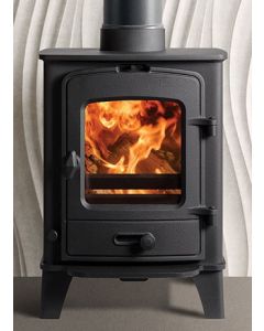 A black multi fuel stove, a compact stove to suit a traditional or modern interior with a classic arched window 