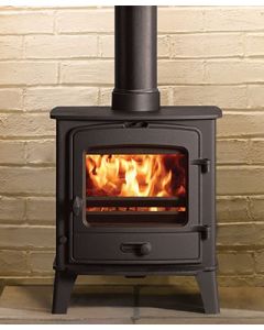 A black multi fuel stove, a mid size stove to suit a traditional or modern interior with a classic arched window 
