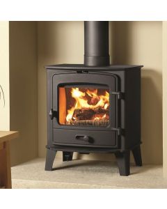 A black wood burning stove, a mid size stove to suit a traditional or modern interior with a classic arched window 