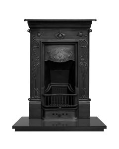 A small black cast iron fireplace with decorative art nouveau motifs, along with a granite hearth and fire grate