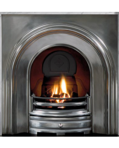 A fully polished cast iron fireplace insert, an arched fireplace insert, a polished fireplace arch, an electric fire insert