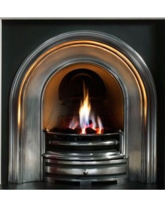 A black cast iron fireplace insert, an arched fireplace insert with a polished fireplace arch, an electric fire insert