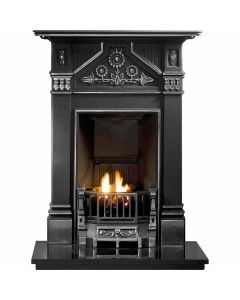 A solid black cast iron fireplace with flower designs, a classic art nouveau fireplace, decorative grate and granite hearth.
