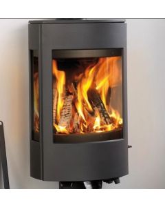 A contemporary wood burning stove and a stylish pedestal. A black modern style log burner.