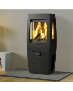 A contemporary black wood burning stove, with a nordic style curved viewing window and a storage base.