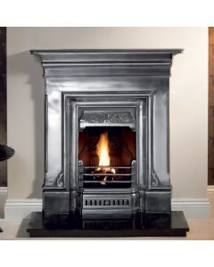 A fully polished cast iron fireplace with clean lines and simple Victorian motifs, with a granite hearth and log effect fire