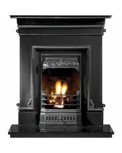 A black cast iron fireplace with clean lines and simple motifs of Victorian style, along with a granite hearth and fire