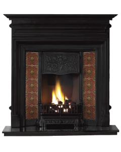 A solid black cast iron fireplace with clean lines, decorative Edwardian tiles, with a granite hearth and coal effect fire