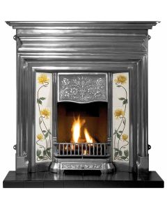 A fully polished cast iron fireplace with clean lines, decorative Edwardian tiles, with a granite hearth and coal effect fire