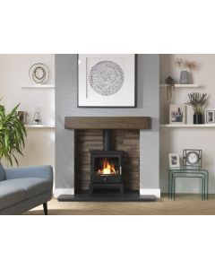 A black gas stove, a lpg gas stove, with an oak geocast beam, a slate fireplace chamber and a natural slate hearth
