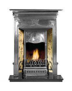 A fully polished cast iron fireplace with Victorian motifs and period tiles, with a granite hearth and coal effect fire
