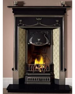 A highlighted cast iron fireplace with Victorian motifs and period tiles, with a granite hearth and coal effect fire