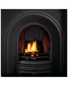 A black cast iron fireplace insert, an arched fireplace insert with a black fireplace arch, an electric fire insert