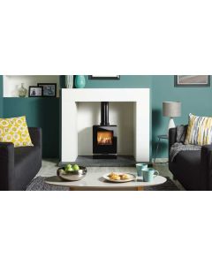 A Matt Black Compact Contemporary Gas Stove, with clean lines and log effect fuel bed. A high efficiency Gas Log Burner.