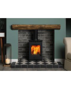 A black wood burning stove and multi fuel stove, a rustic fireplace geocast beam, grey brick fireplace chamber, quarry hearth
