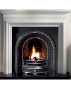 White limestone fireplace surround with black cast iron arched insert, granite hearth and electric fire package deal