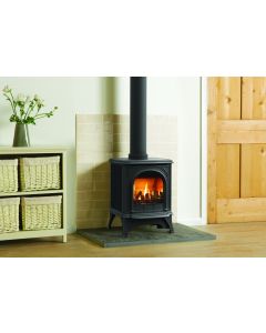 A Matt Black, contemporary style, traditional gas stove with log fuel bed. A gas stove that looks like a log burner.