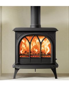 A black multi fuel stove, a mid size stove, tracery door for a gothic style stove, wide viewing window
