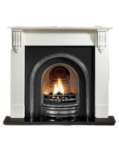 White limestone fireplace surround with black cast iron arched insert, granite hearth and electric fire package deal