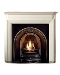 White limestone fireplace surround with black cast iron arched insert, granite hearth and gas coal effect fire package deal