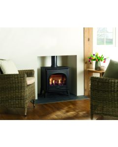 A Matt Black, authentic looking log effect gas stove. Looks like a real log burner. A traditional style stove.