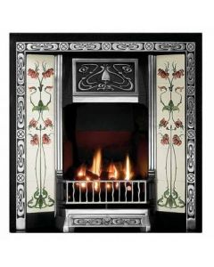 A black cast iron fireplace tiled insert with black Victorian style motifs, Victorian fireplace tiles, Victorian fire grate