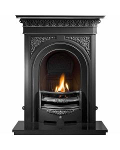 A black highlighted cast iron fireplace with decorative motifs of Victorian style, with a granite hearth and log effect fire