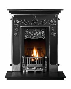 A black highlighted cast iron fireplace with decorative motifs of Victorian style, with a granite hearth and log effect fire